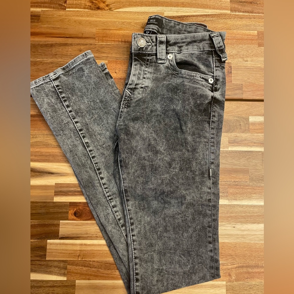 True Religion Acid Wash Black Mid Rise Straight Jeans with Distressed Finish